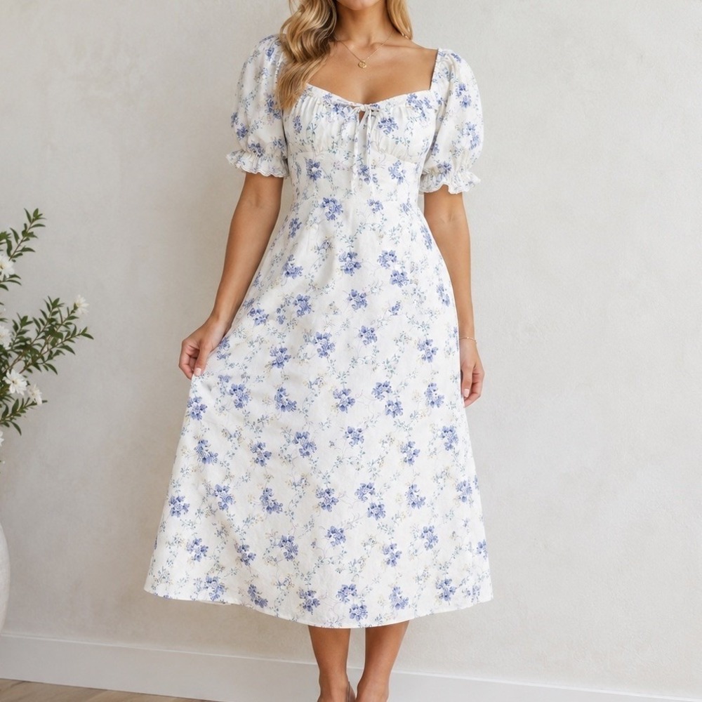 Milkmaid Floral Midi Dress NWT L 12-14 Smocked Cottage Puff Sleeve  White Blue